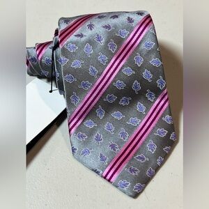 NWT Paul Smith Made in Italy 100% Silk Gray Floral Stripe Blade Tie Pink Accent